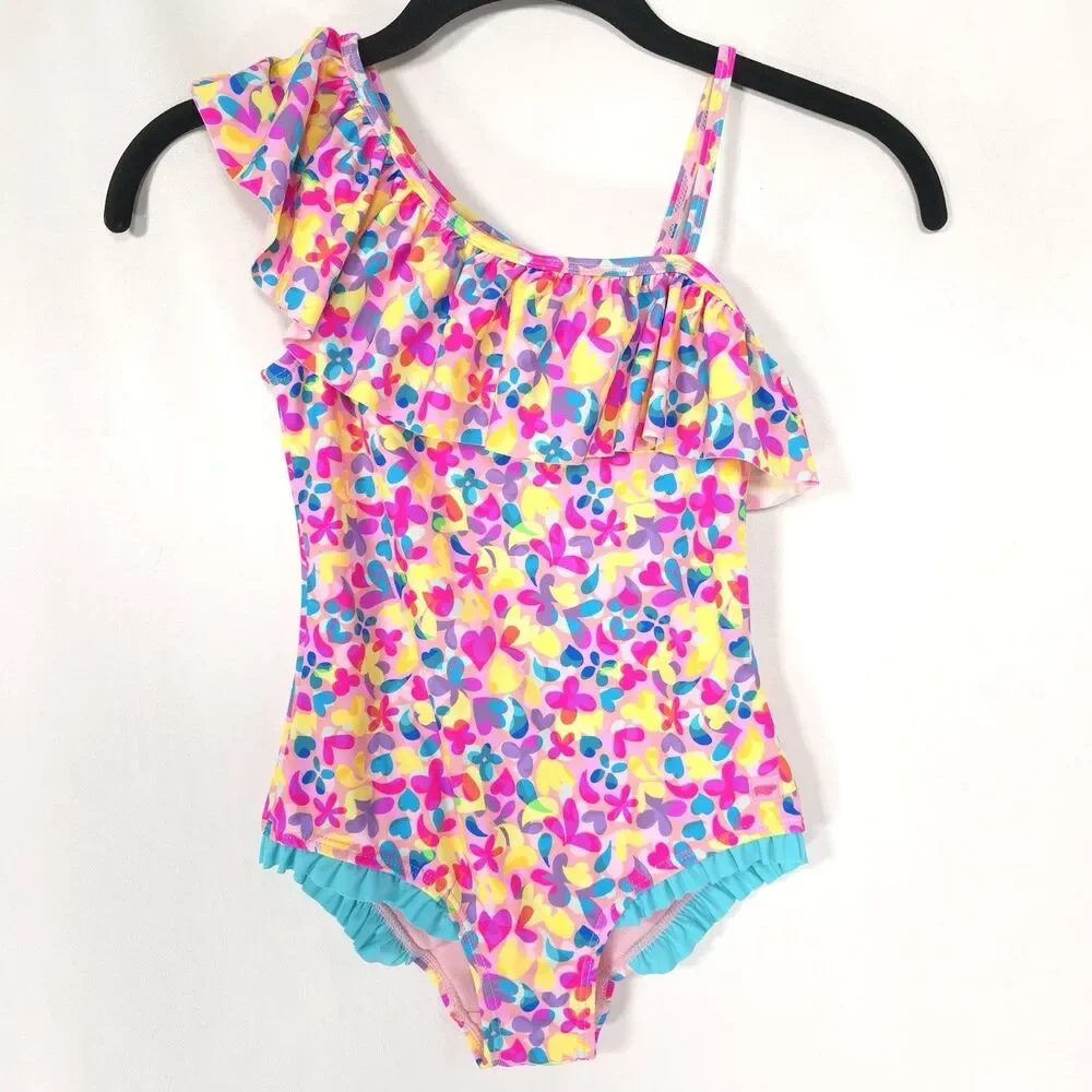 RuffleButts Girls 7 Vibrant Floral Neon One‎ shoulder Swimsuit Ruffles UPF 50+